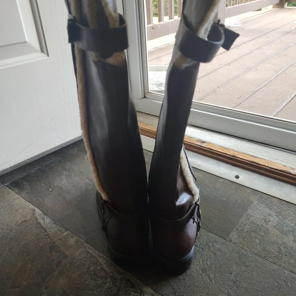 G by GUESS Riding Boots Women 10 Brown Excellent Shearling Trim Buckle Tall Zip